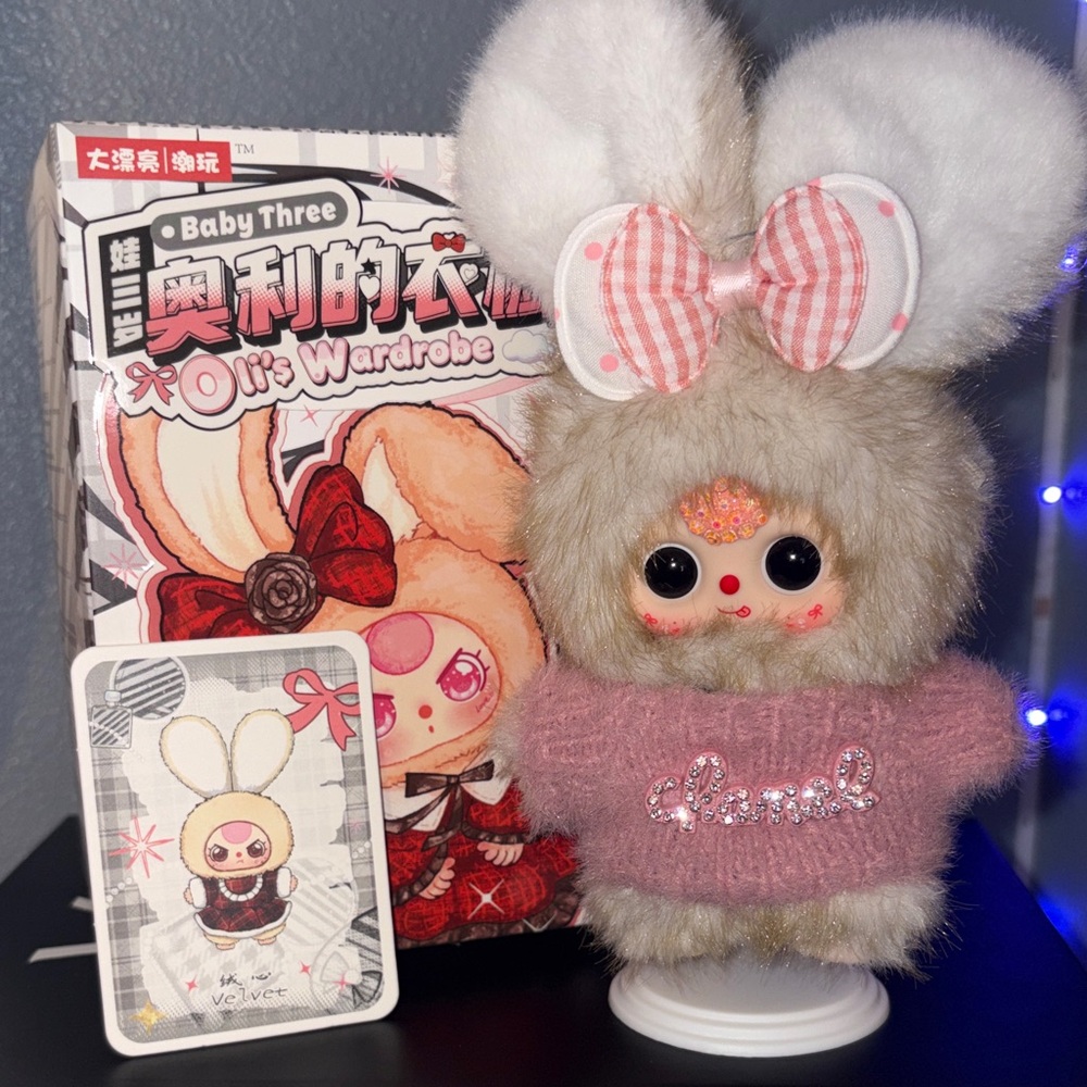 Baby Three Plush Bunny keychain custom Oli wardrobe w/ stand